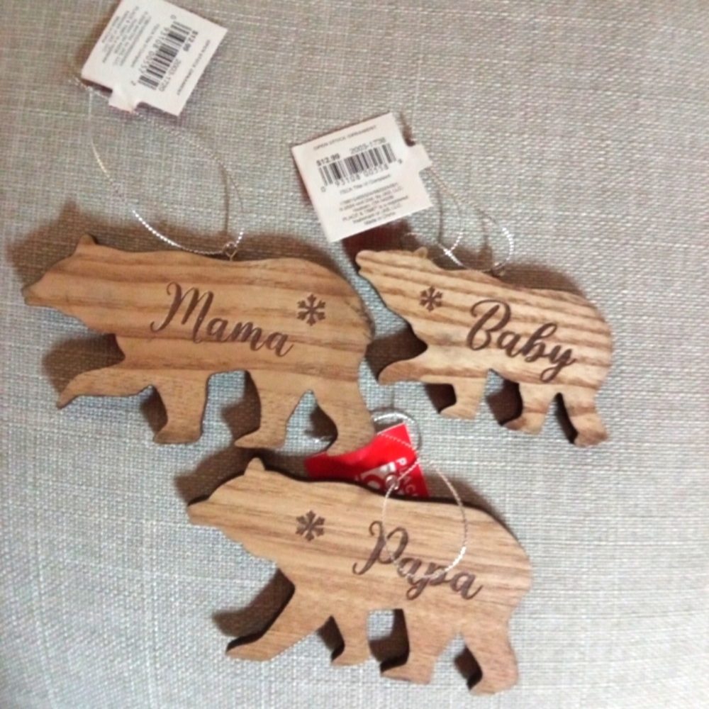 NWT Mama bear, Papa bear and baby bear ornaments